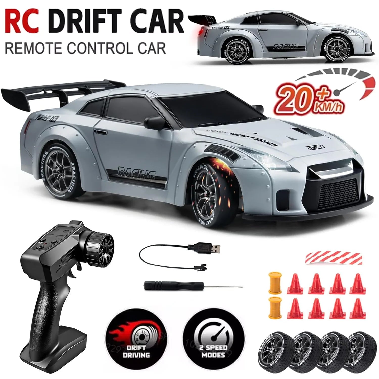 RC Drift Car 1:24 Remote Control Car for Kid 20KM/H 4WD High Speed RC Car with LED Lights Extra Drifting Tires Vehicle for Adult
