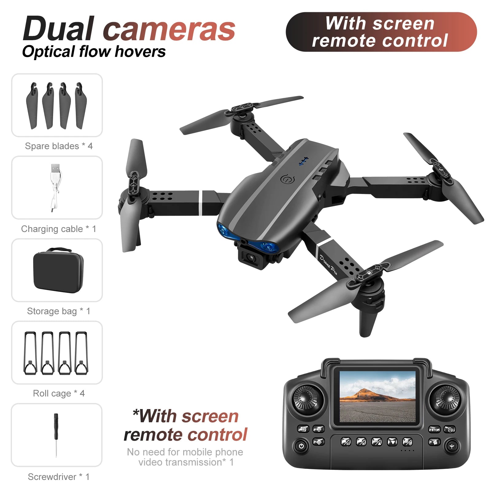 New E88 Drone Remote Control with Screen 4K Dual Camera Optical Flow Localization 2.4G RC Quadcopter One-button Take-off Drones